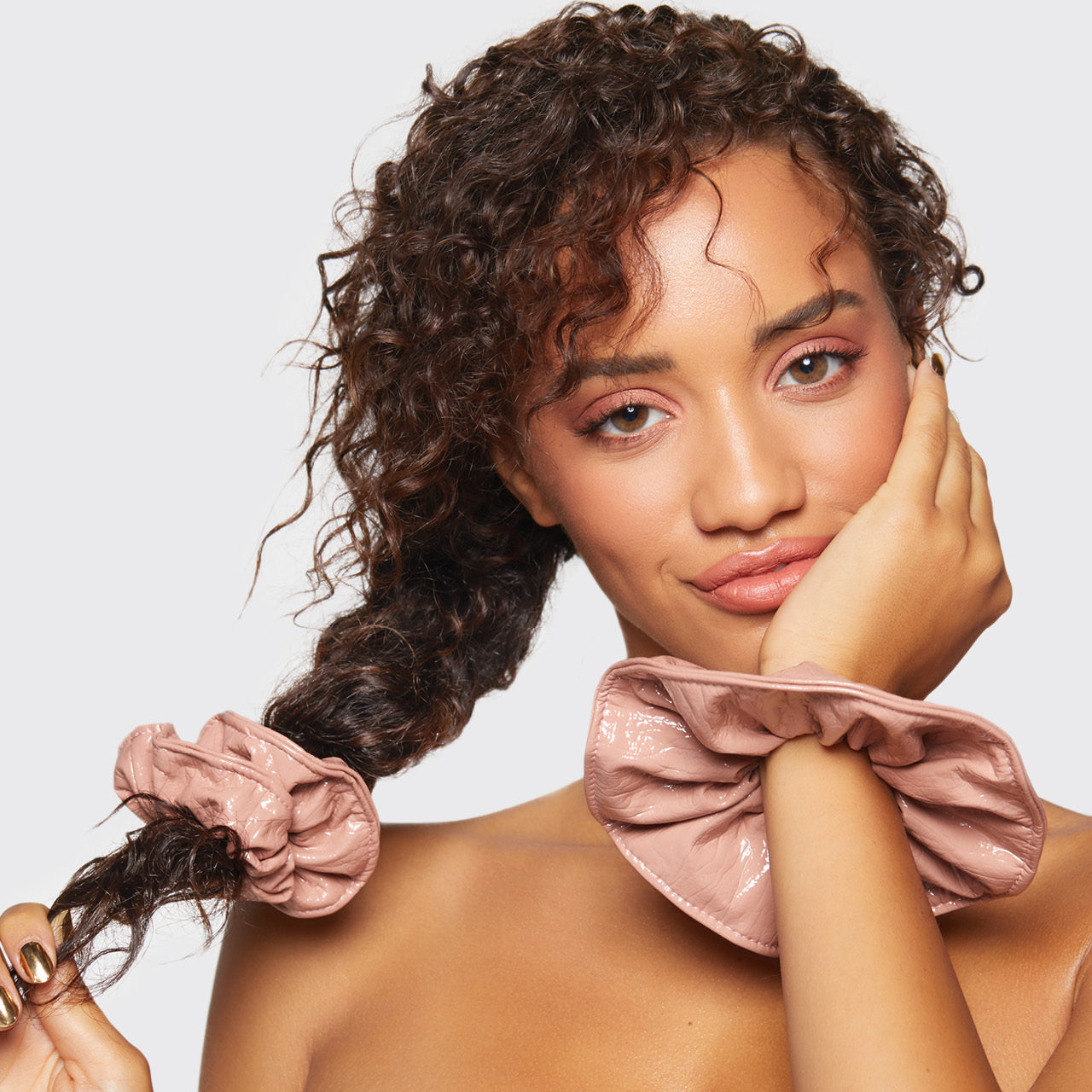 Patent Scrunchie with Chain - Blush
