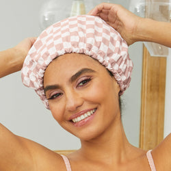 Terracotta Checker Satin Shower Cap
